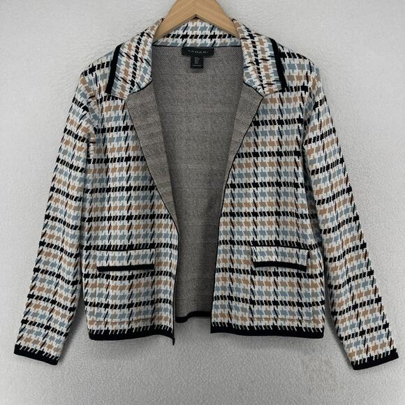 TAHARI Cardiagan Blazer S Houndstooth Check Open Front Sweater Collared White - Picture 1 of 12